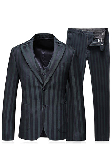 Grey Green Striped Peaked Lapel 3 Pieces Men's Prom Suits